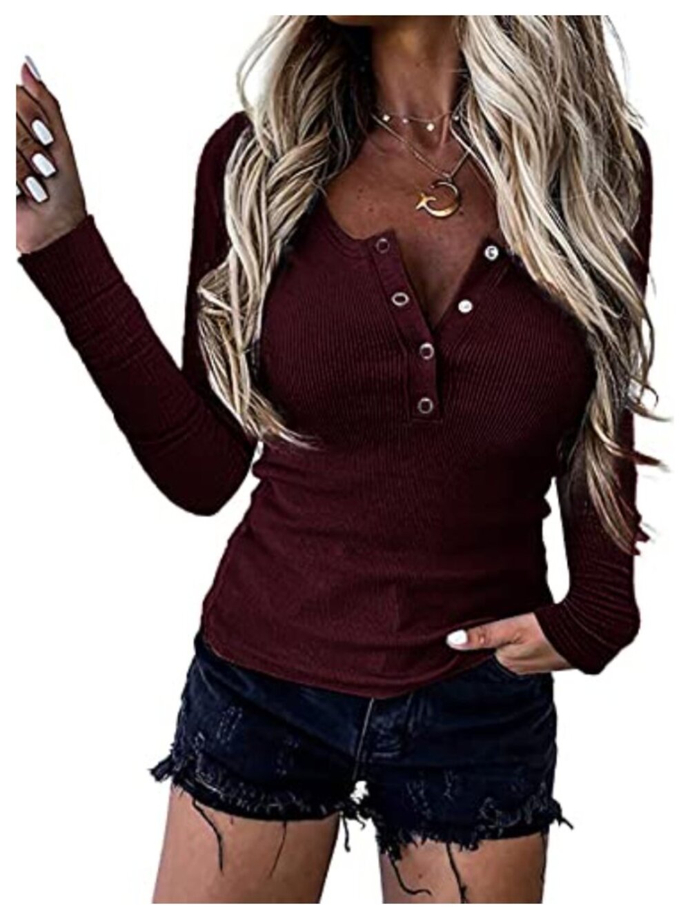 Women's Henley Shirt Long Sleeve Ribbed Knit Button V Neck Slim Fit Top